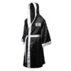 Boxing Robe With Hood Full Length CLR: Black -Martial Arts Supplies full length boxing robe black front 1